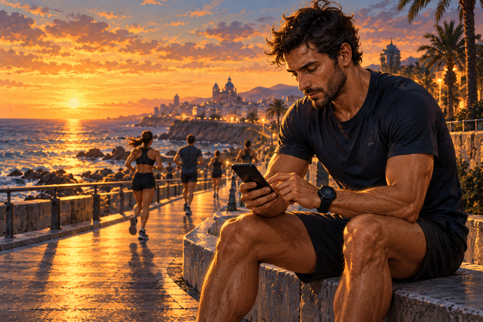 Corredor consultando su móvil después de entrenar junto al mar al atardecer
