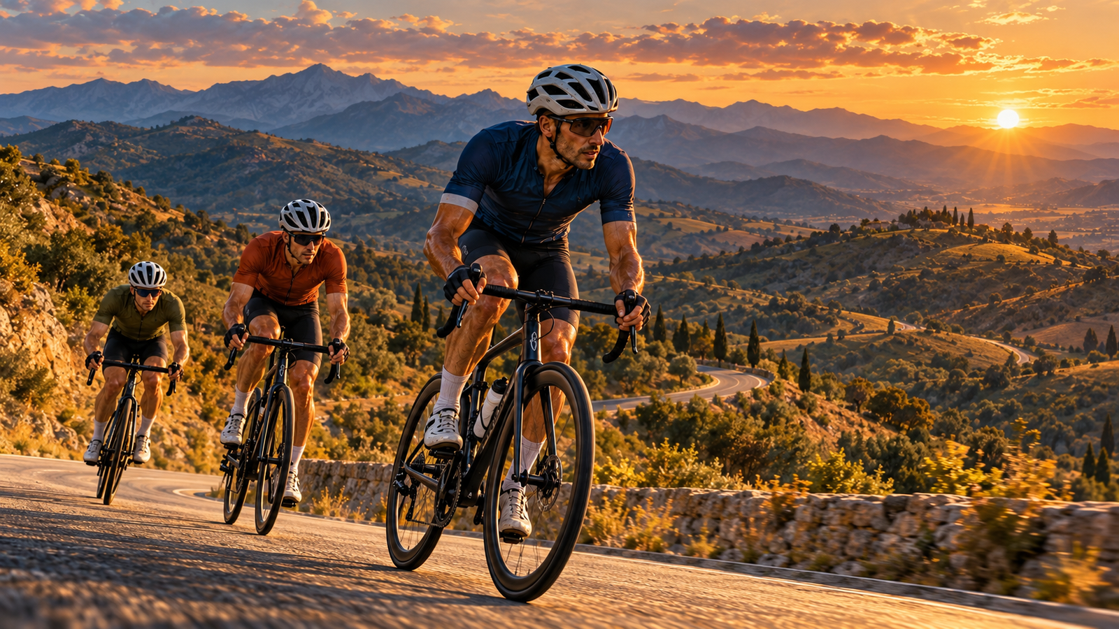 Ciclistas de carretera en una subida entre colinas al atardecer, ilustración conceptual