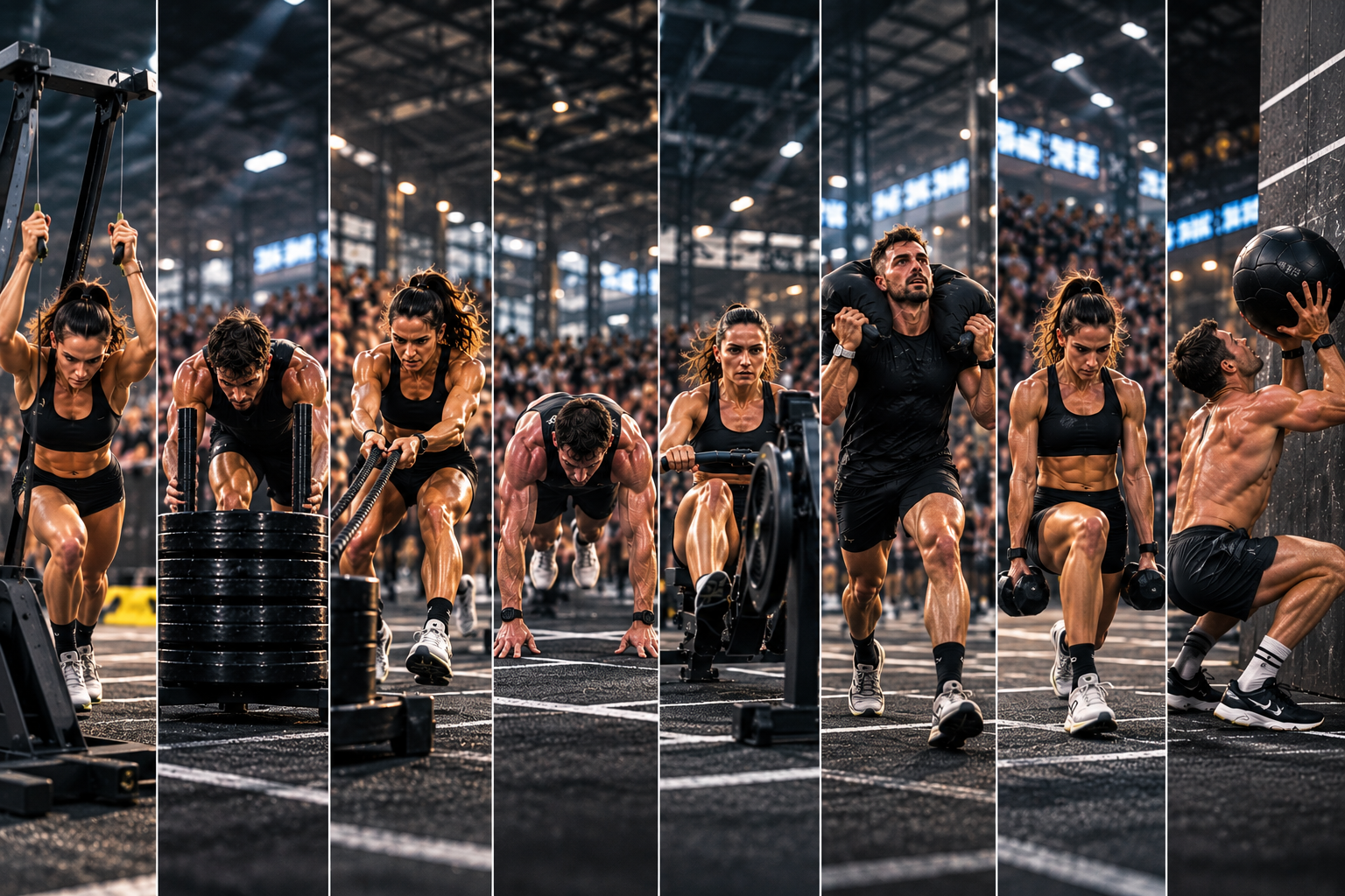 Las 8 estaciones de HYROX: SkiErg, Sled Push, Sled Pull, Burpee Broad Jumps, Row, Farmer’s Carry, Sandbag Lunges y Wall Balls