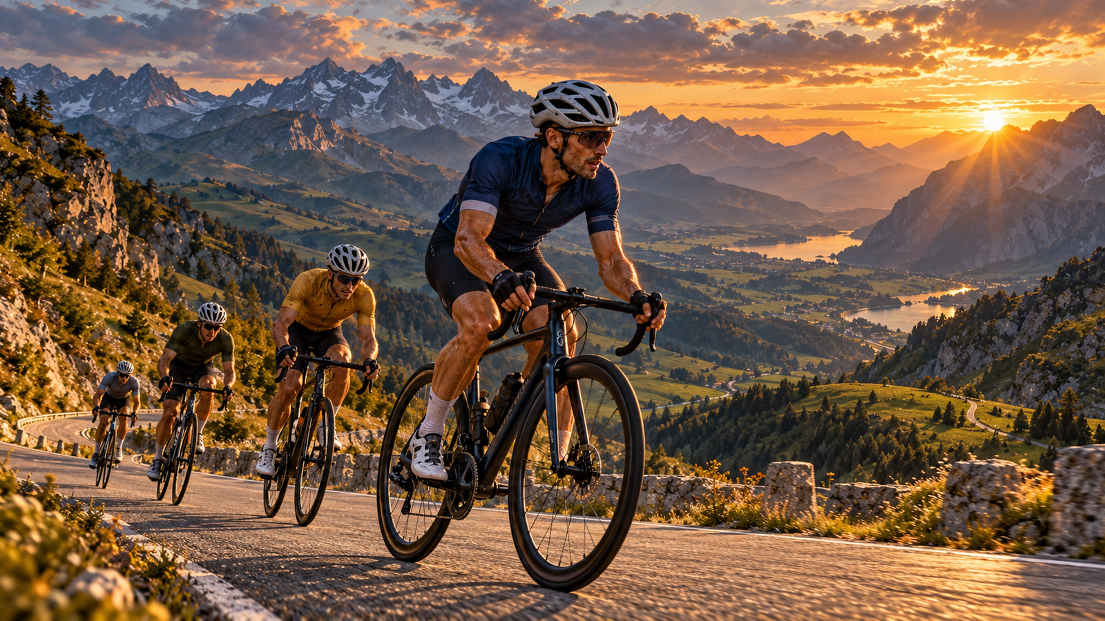 Ciclistas de carretera ascendiendo un puerto de montaña al atardecer, ilustración conceptual