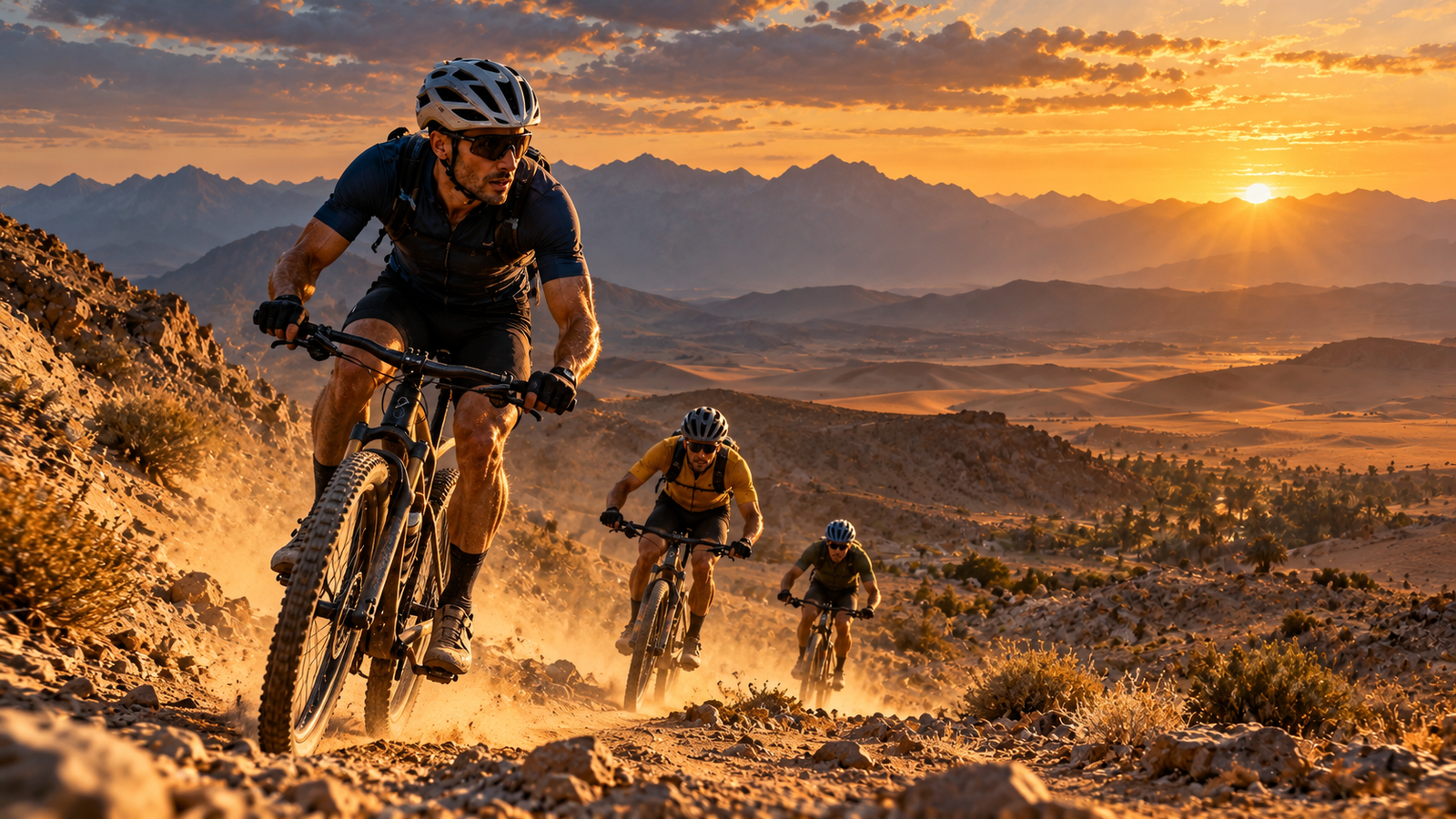 Ciclistas de montaña en una pista desértica al atardecer, ilustración conceptual
