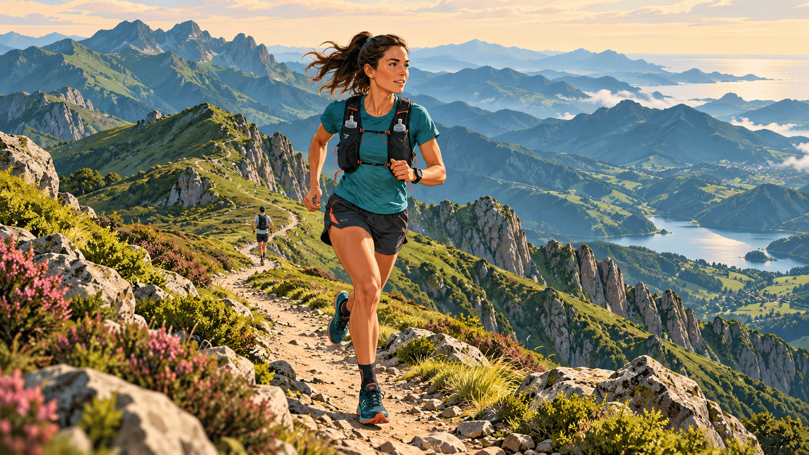 Ilustración de una corredora de trail con chaleco de hidratación por un sendero de montaña