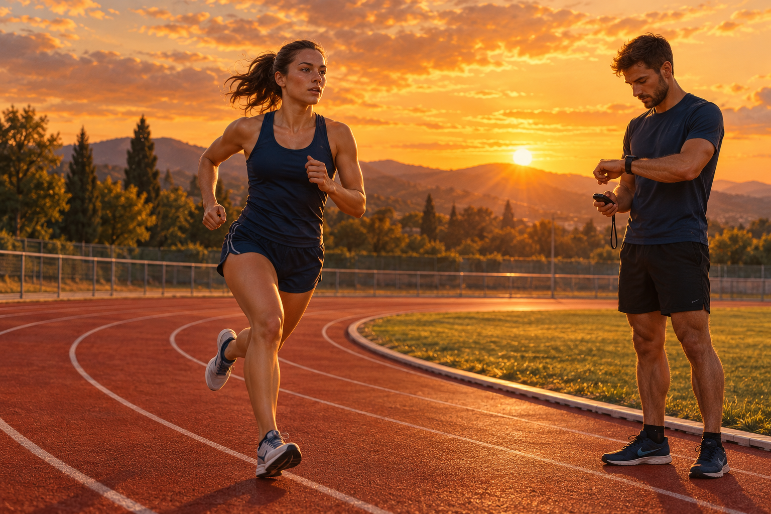 Corredora en una pista de atletismo y deportista comprobando el cronómetro durante un test de carrera al atardecer