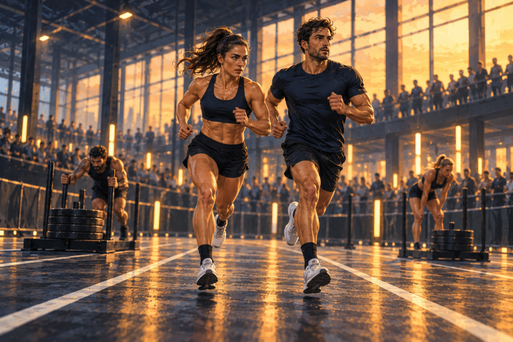 Ilustración de dos atletas corriendo juntos en una competición HYROX, con estaciones de trineo al fondo.