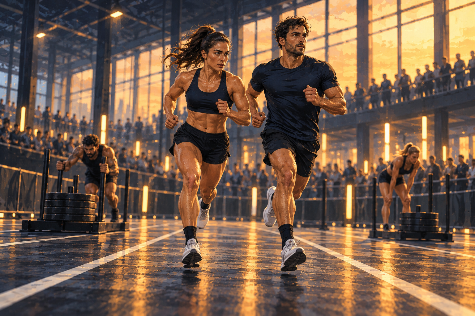 Ilustración de dos atletas corriendo juntos en una competición HYROX, con estaciones de trineo al fondo.