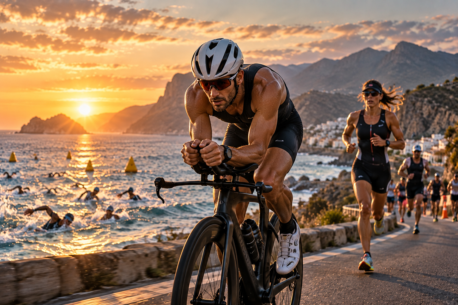 Triatletas compitiendo en natación, ciclismo y carrera durante una prueba de larga distancia
