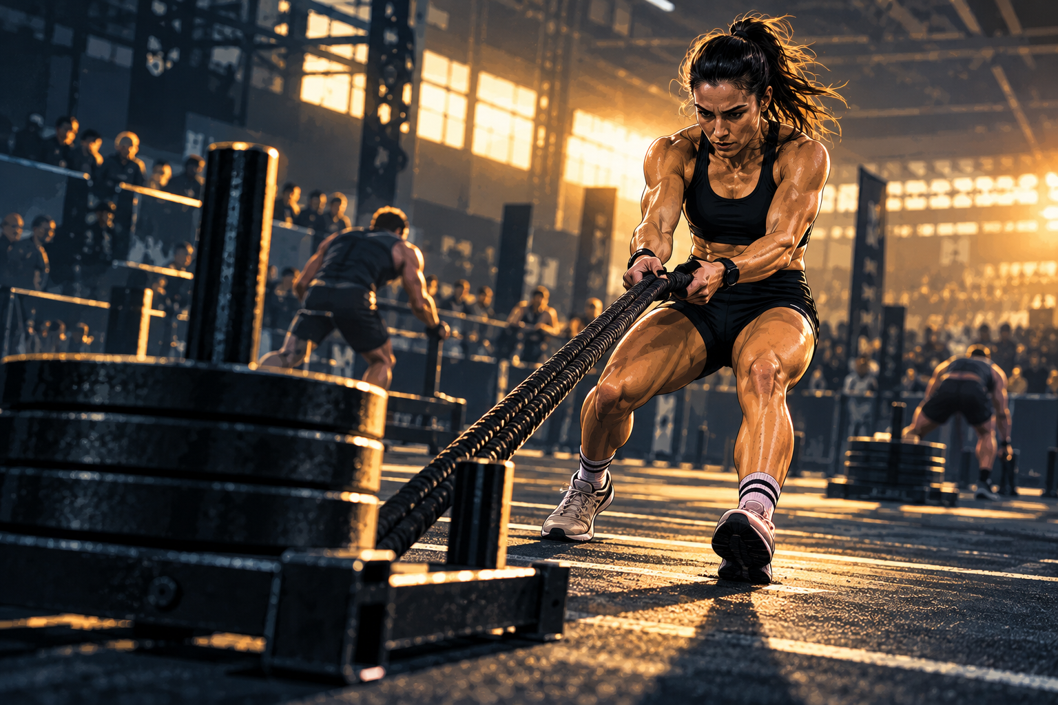 Atleta realizando Sled Pull en una competición de HYROX