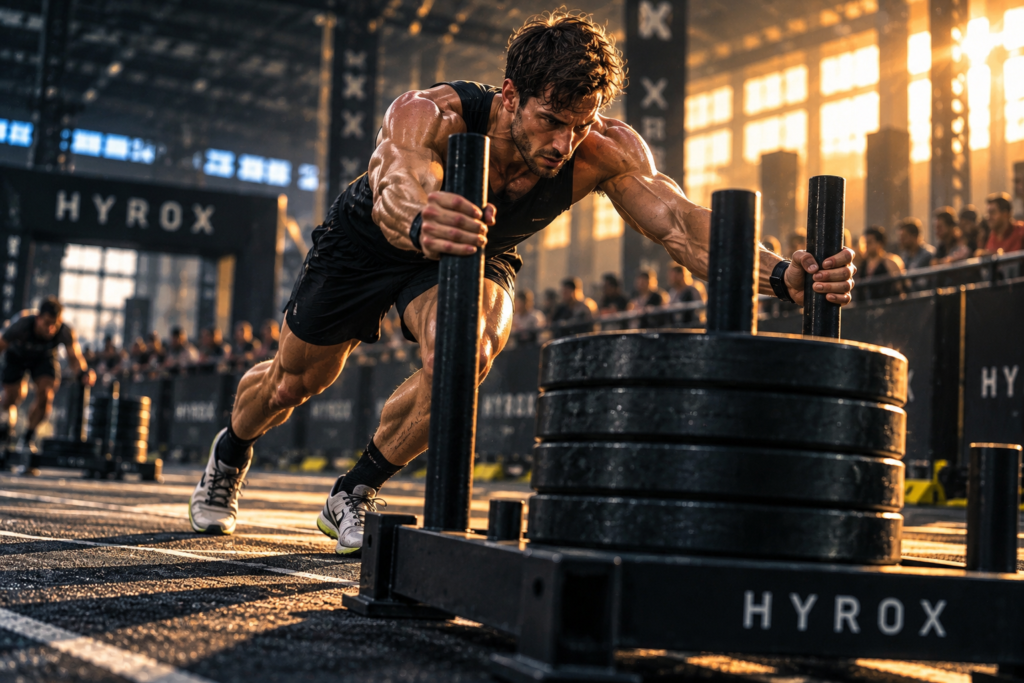 Atleta masculino realizando Sled Push en una competición de HYROX