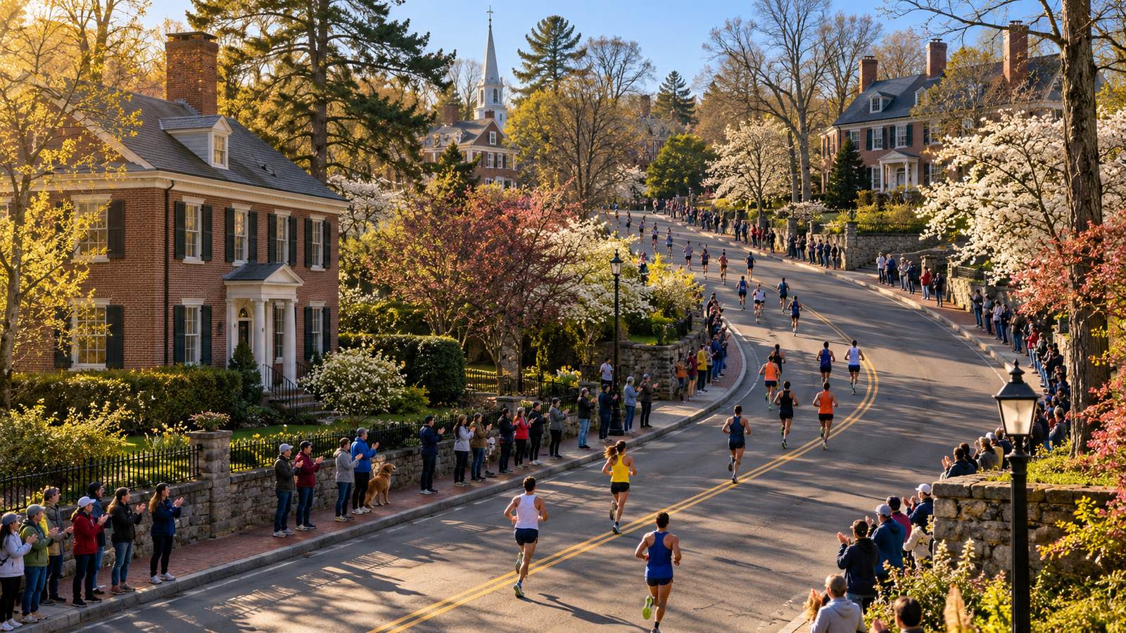 Corredores y público en una avenida residencial de Boston durante la primavera, ilustración conceptual.