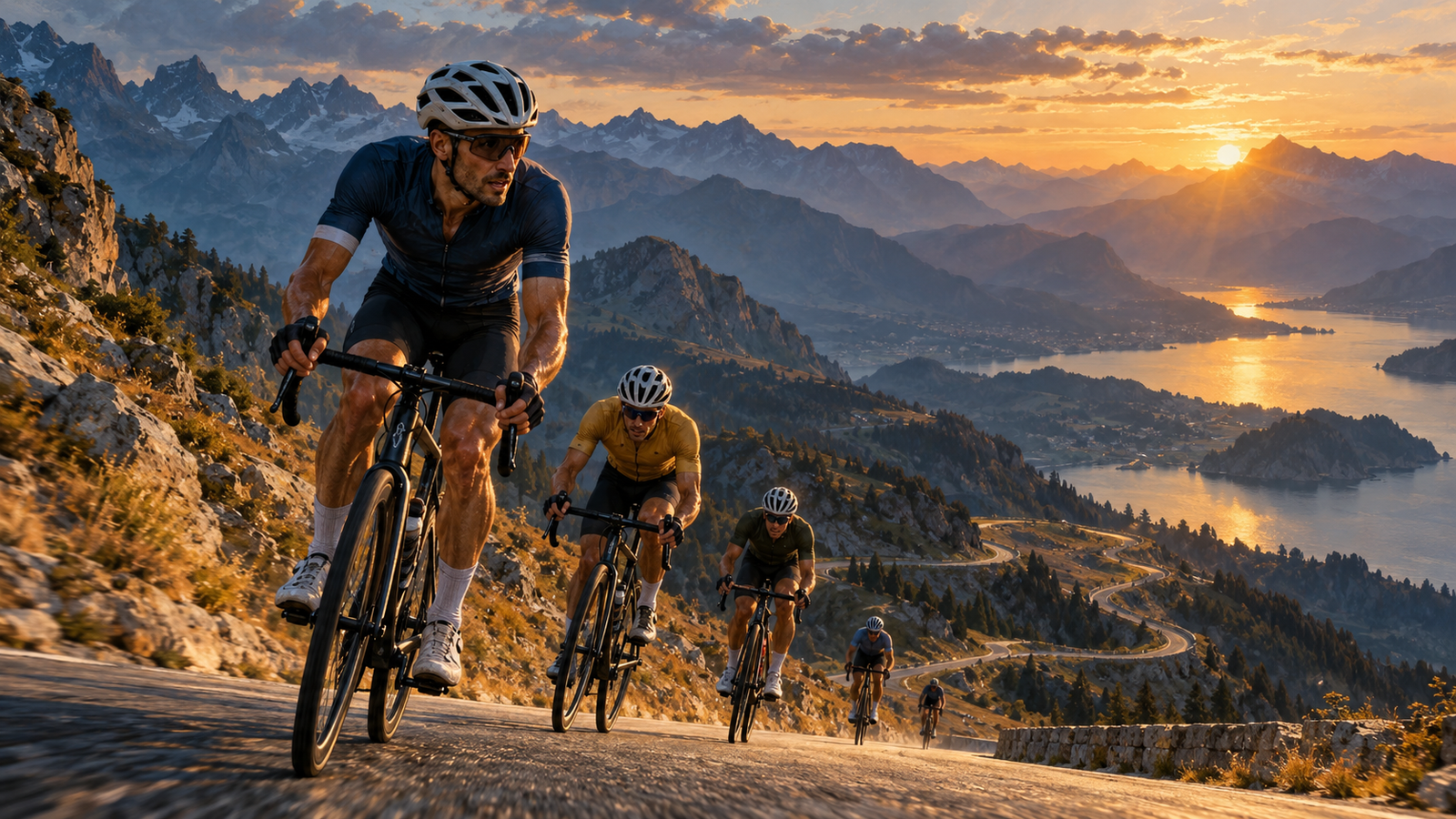 Ilustración editorial de ciclistas de carretera subiendo un puerto de montaña al atardecer; recorrido conceptual