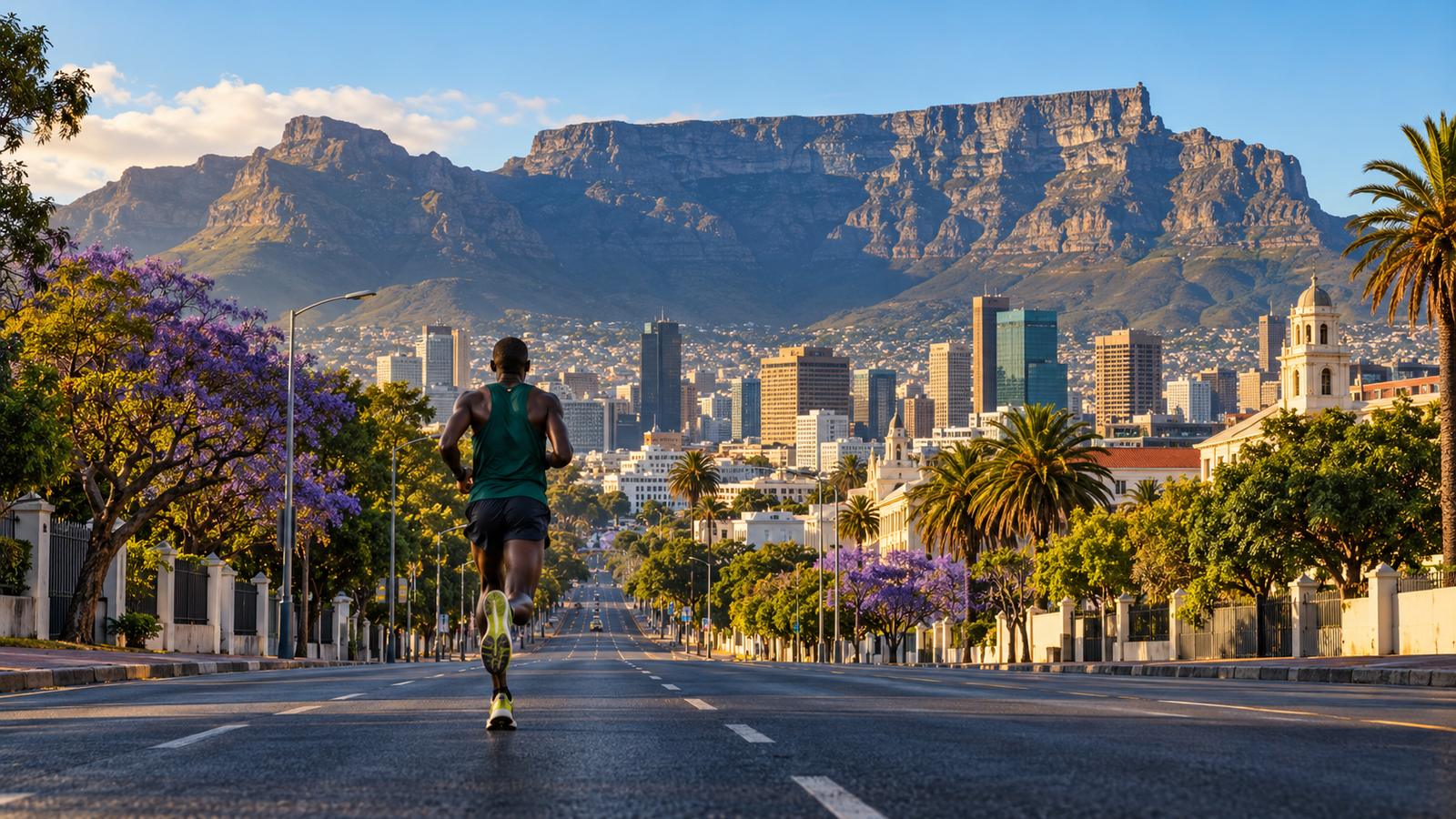Corredor en una avenida de Ciudad del Cabo con Table Mountain al fondo, ilustración conceptual.