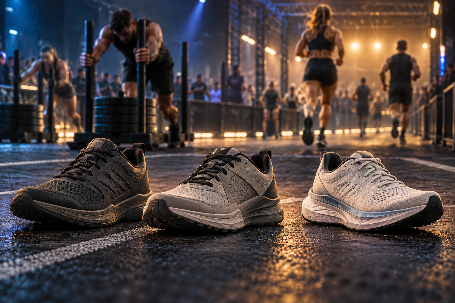Tres zapatillas genéricas de entrenamiento híbrido en un recinto de competición HYROX