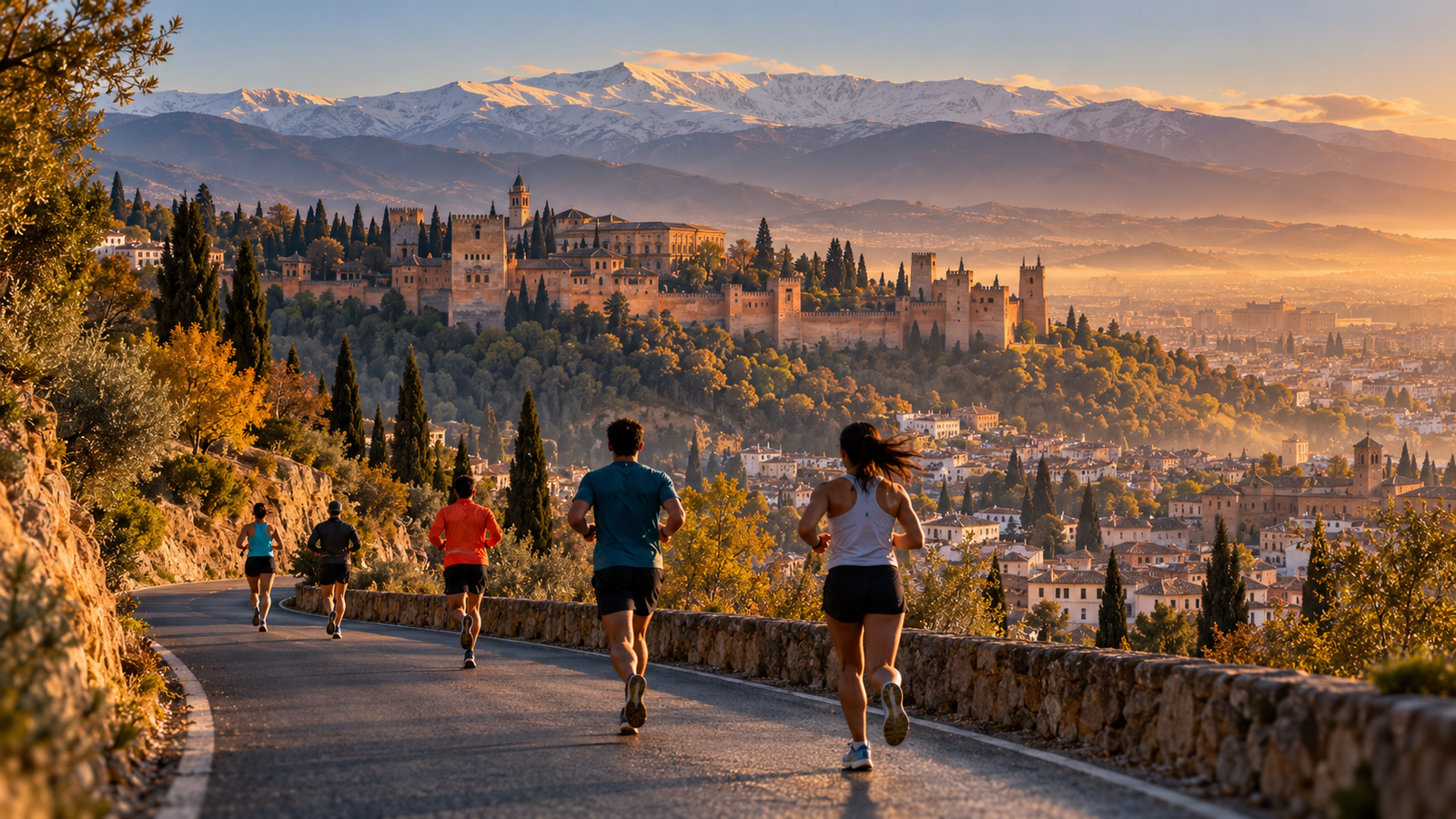 Corredores por una carretera de Granada con la Alhambra al fondo, ilustración editorial