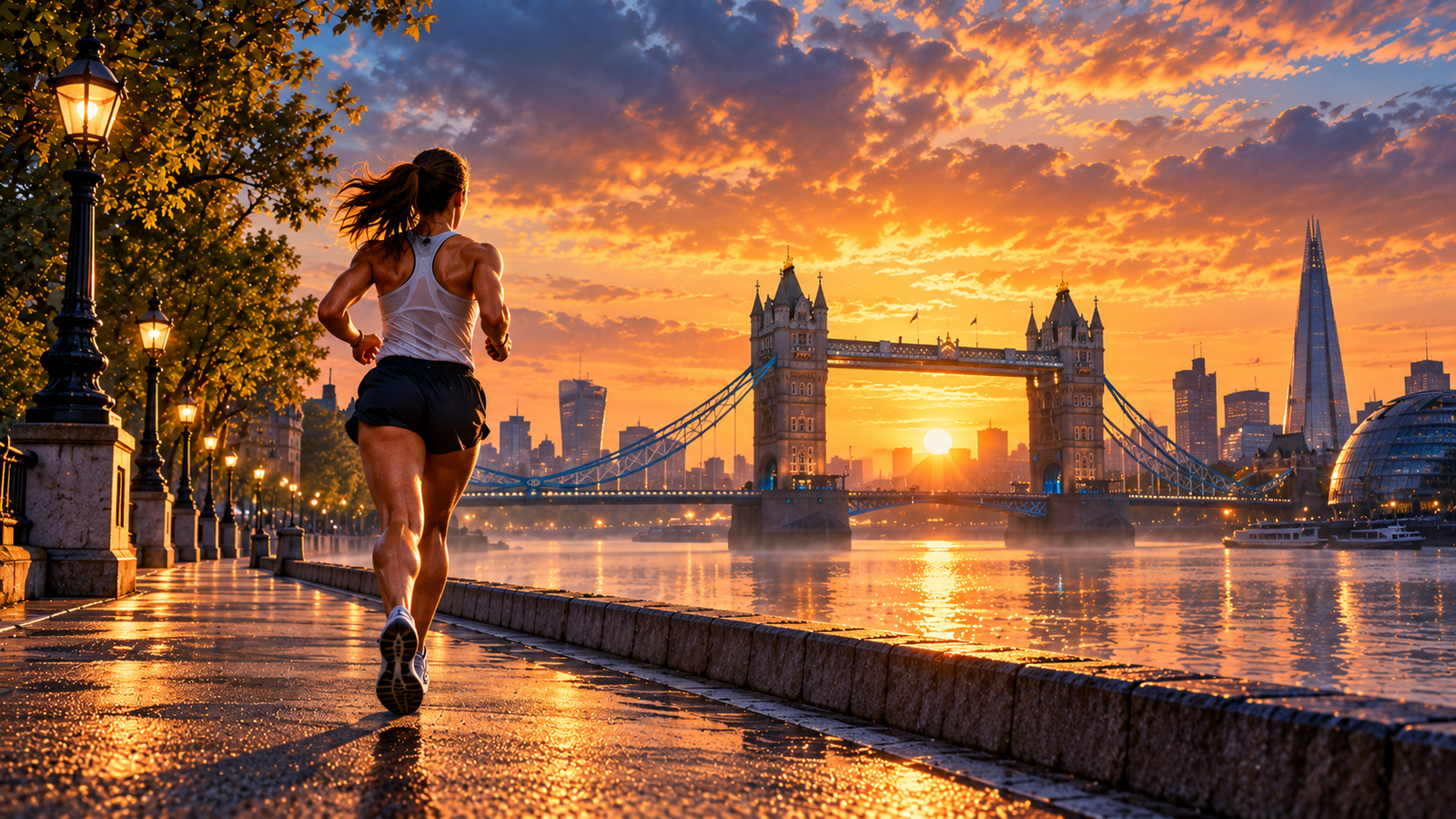 Corredora junto al Támesis con Tower Bridge al amanecer, ilustración conceptual.