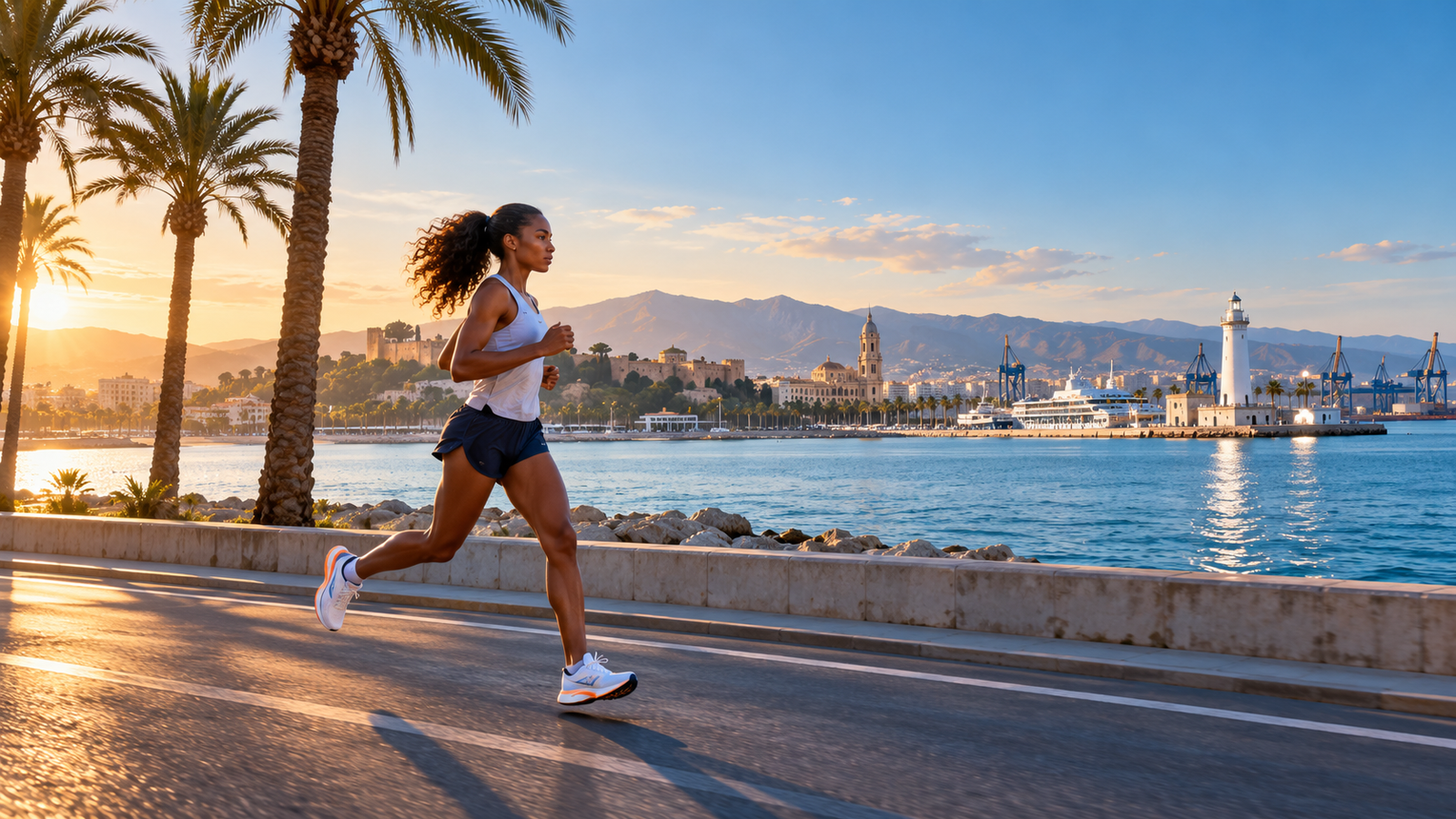 Corredora por el paseo marítimo de Málaga con el puerto al fondo