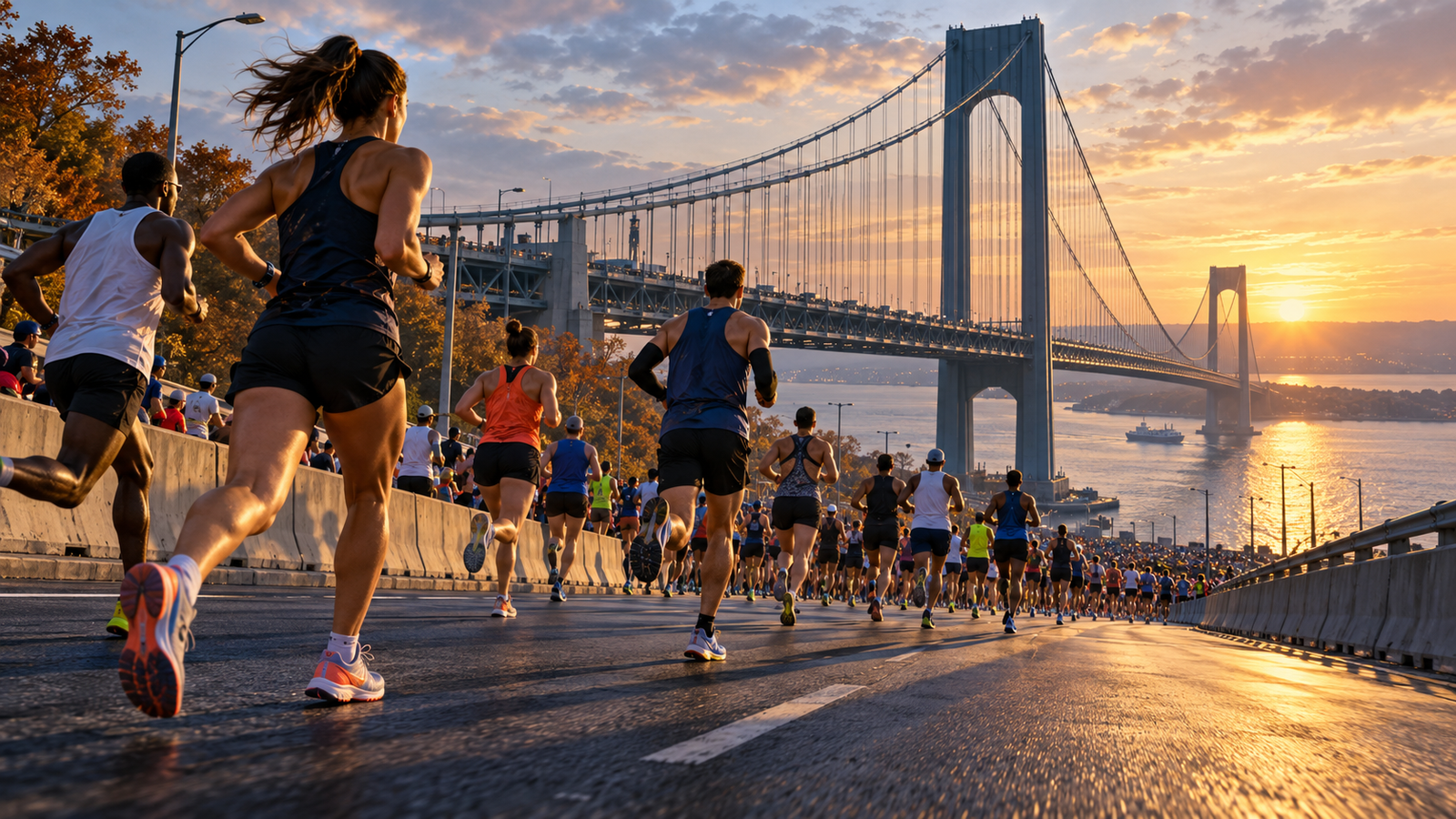 Corredores junto al puente Verrazzano-Narrows al amanecer en Nueva York, ilustración conceptual.
