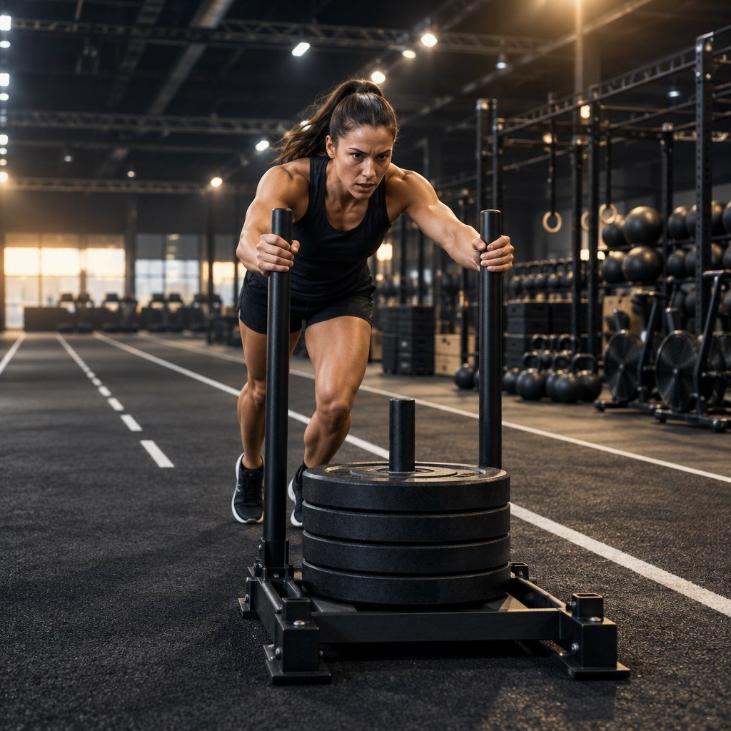 Atleta empuja un trineo en un gimnasio funcional mientras se prepara para una carrera HYROX