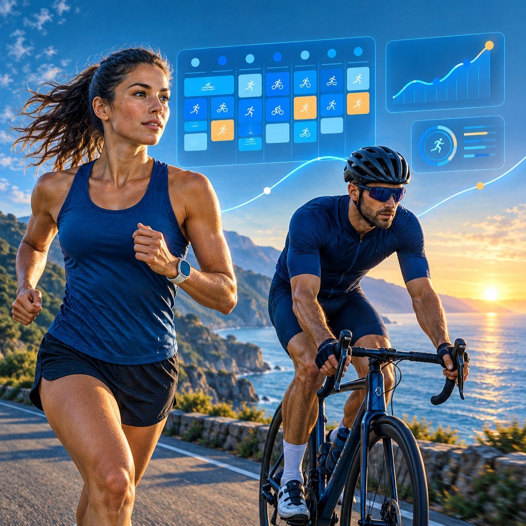 Corredora y ciclista junto a un calendario de sesiones que representa la planificación del entrenamiento con IA.