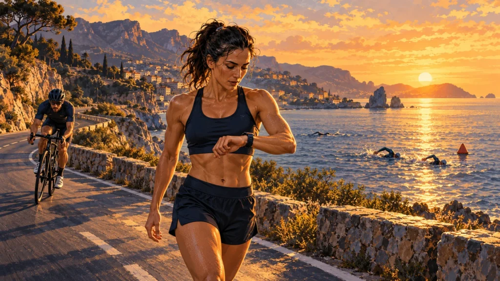Ilustración de una triatleta consultando su reloj, con un ciclista y nadadores al atardecer