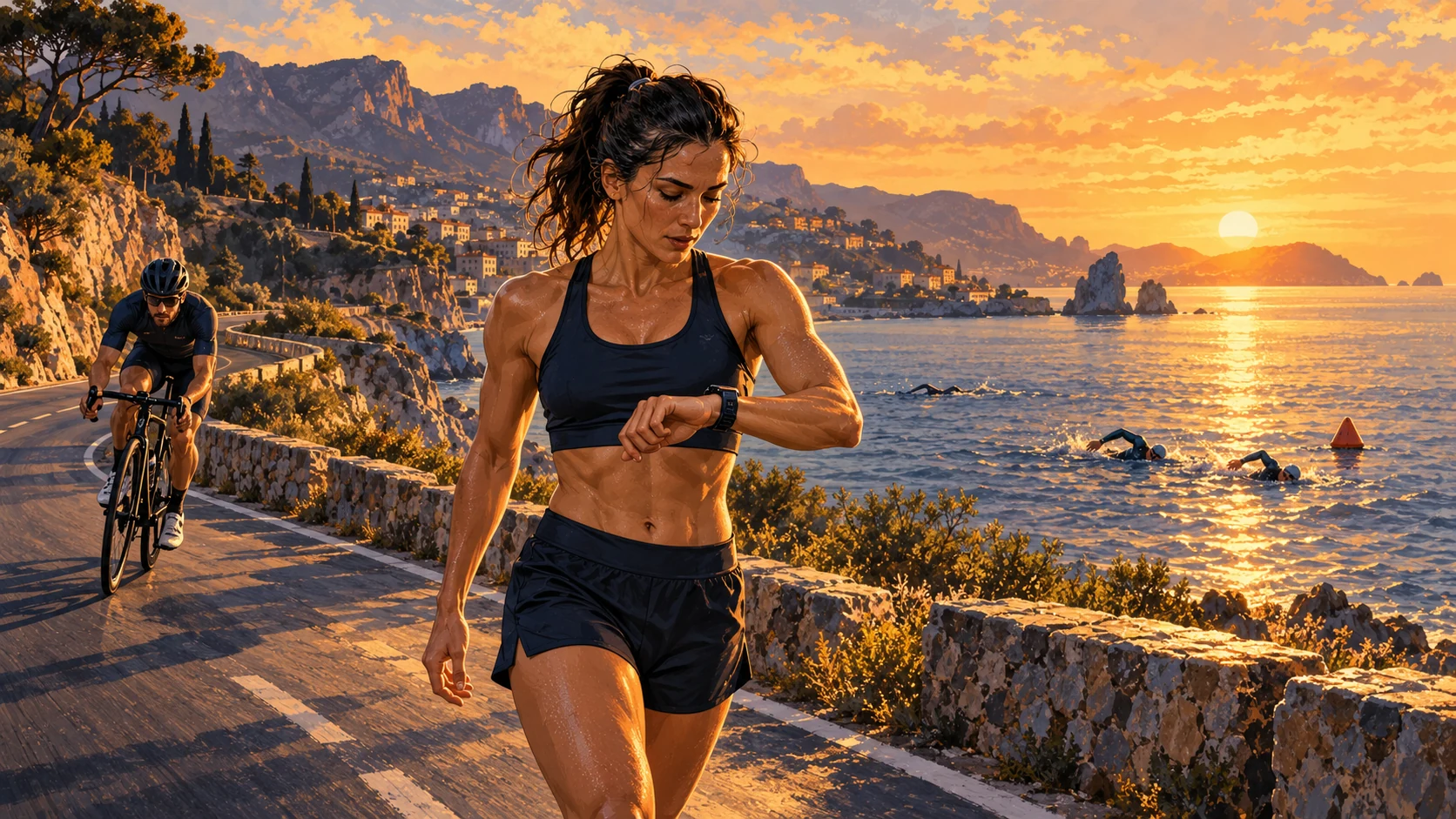 Ilustración de una triatleta consultando su reloj, con un ciclista y nadadores al atardecer