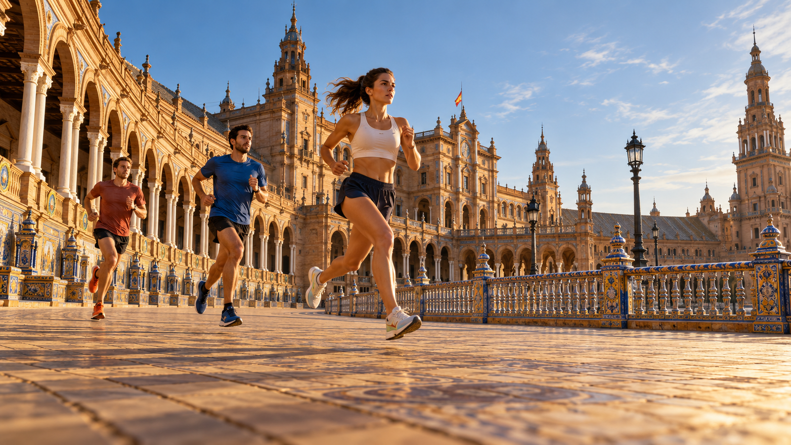 Corredores sobre pavimento en la Plaza de España de Sevilla, con la columnata y el canal
