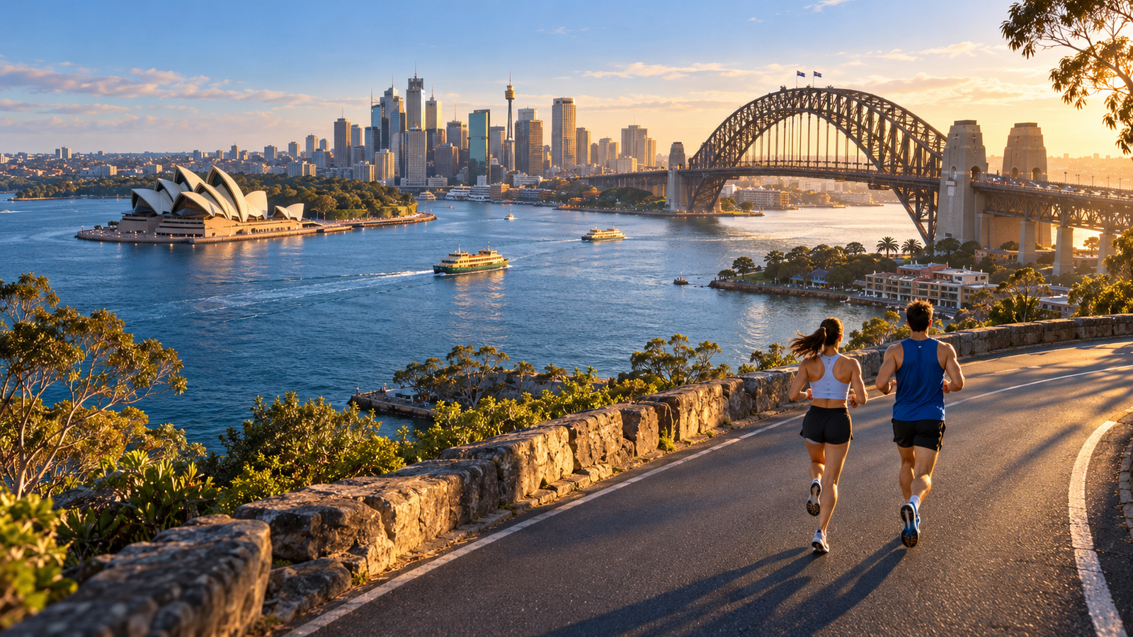 Dos corredores frente a la bahía de Sídney, la Ópera y Harbour Bridge, ilustración conceptual.