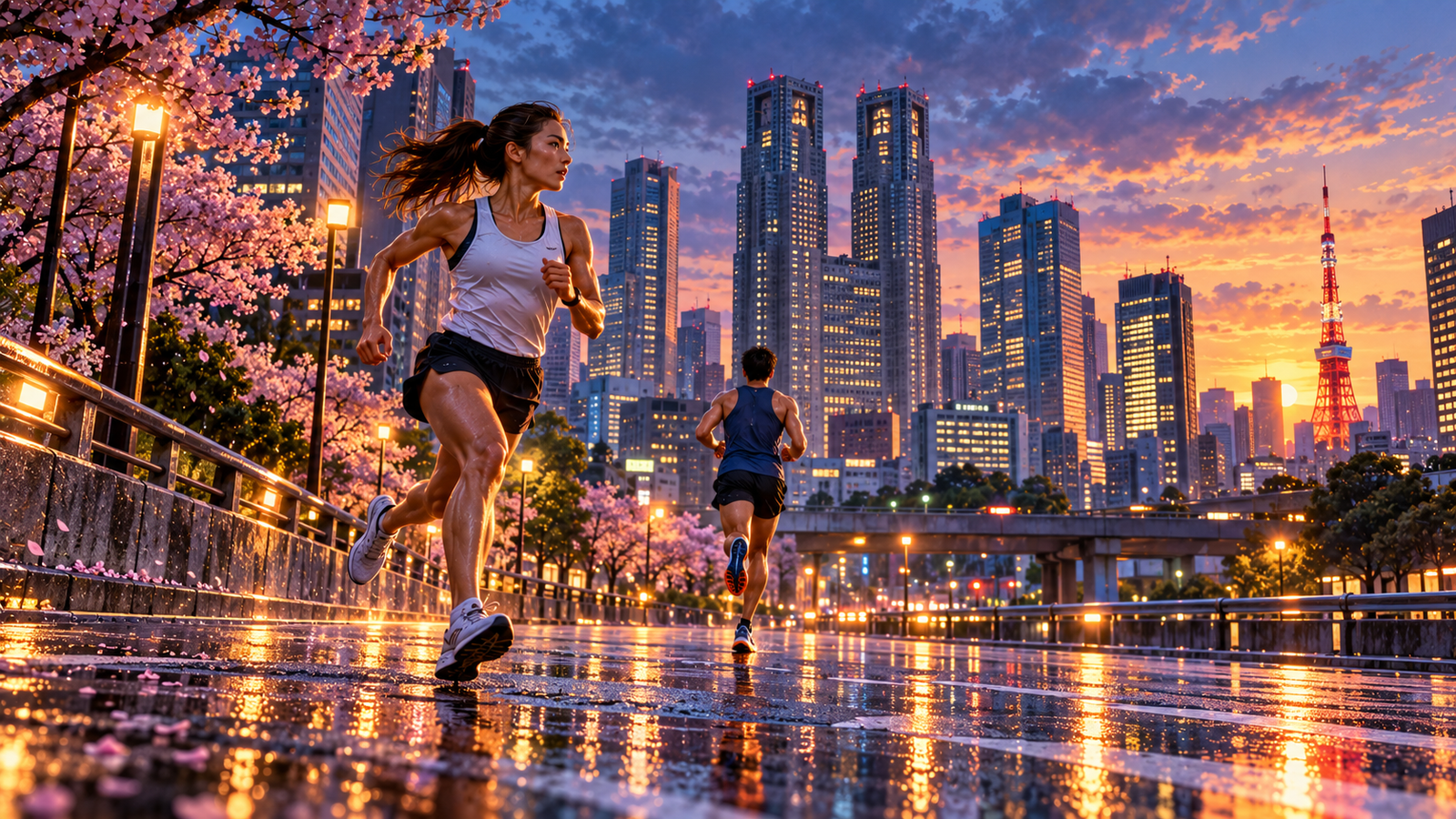 Corredores junto a los rascacielos de Tokio y cerezos al amanecer, ilustración conceptual.