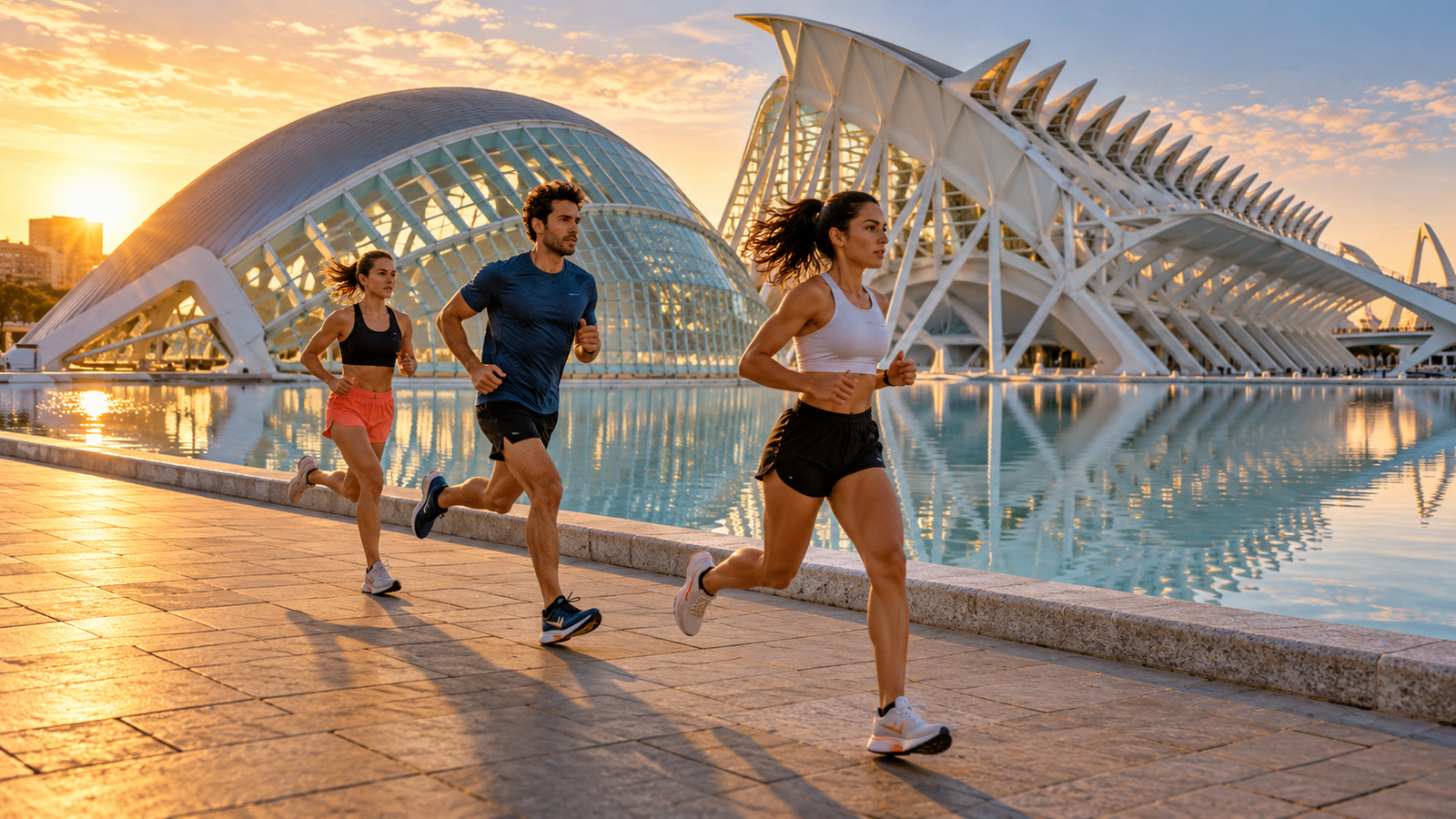 Corredores sobre un paseo pavimentado de la Ciudad de las Artes y las Ciencias de Valencia