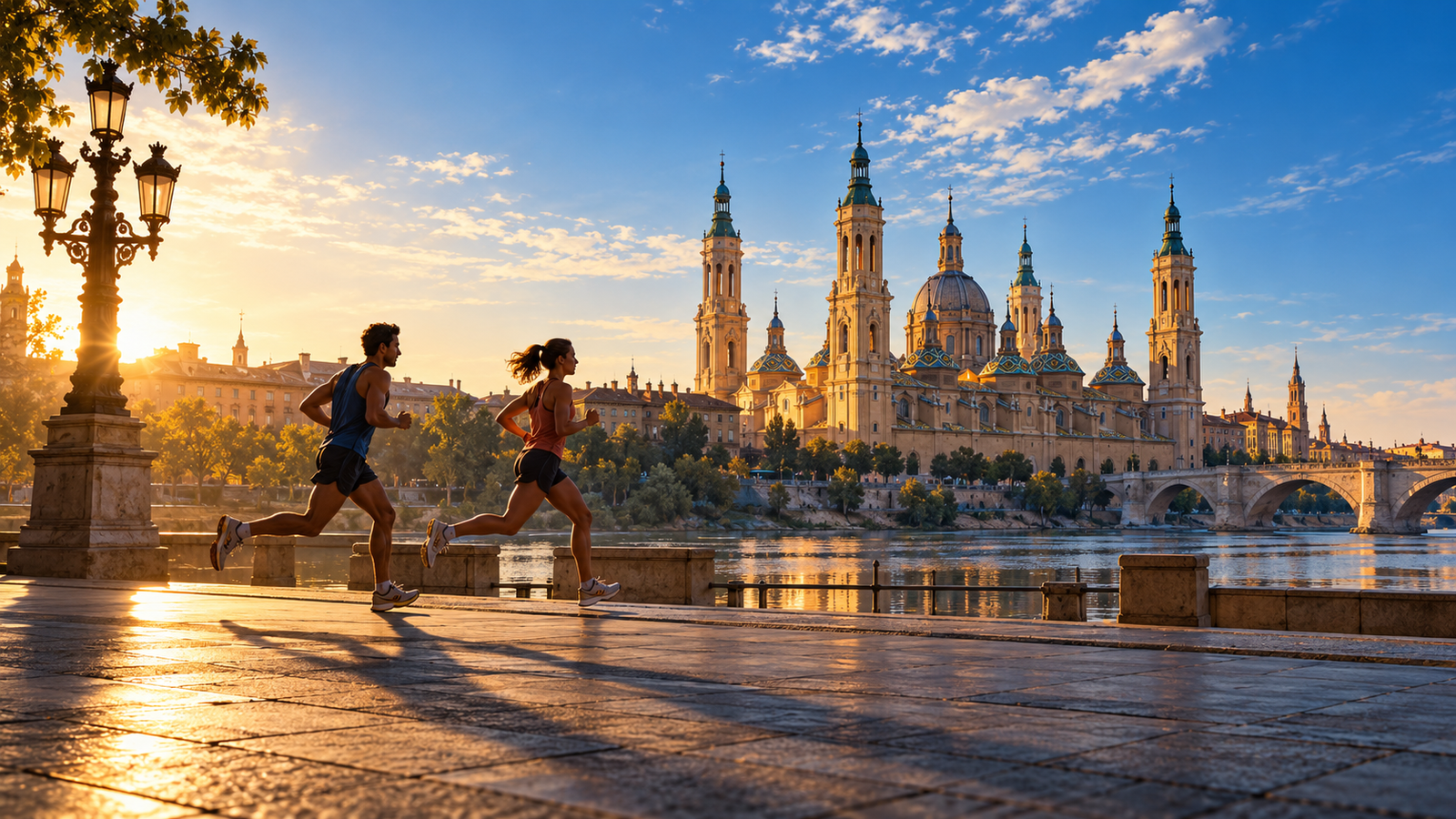 Corredores por un paseo de Zaragoza con la basílica del Pilar al fondo